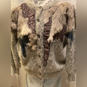 Vintage SWEATER Wool ~ Buttoned (M) Cardigan ~ multi/media/lapis lazuli/fur
